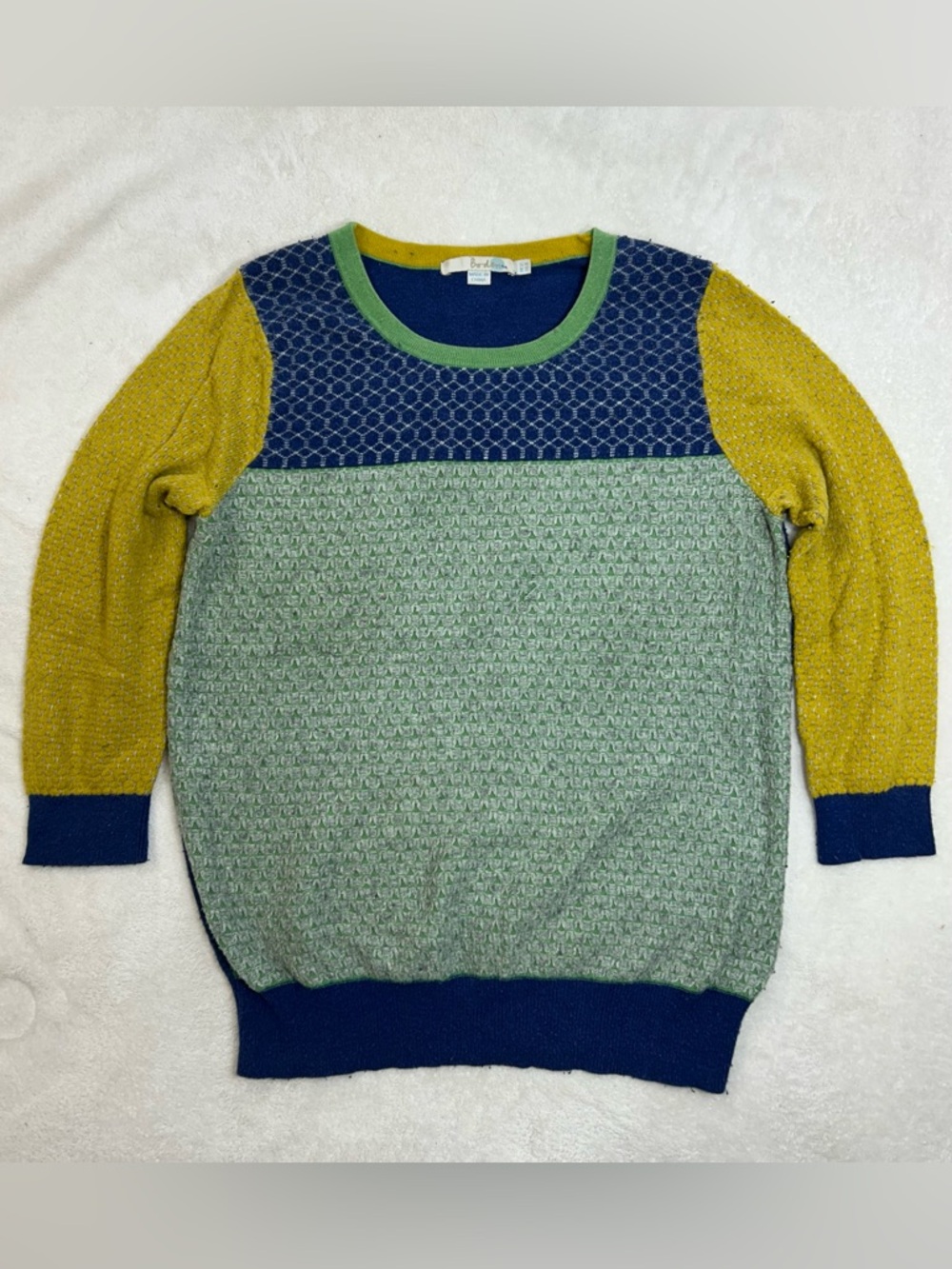 Boden Colorblock Cashmere Blend Jacquard 3/4 Sleeve Crewneck Sweater size 8 - Picture 3 of 16
